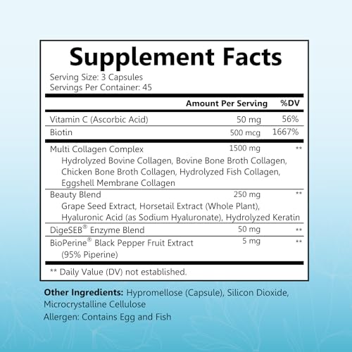 Hydrolyzed Collagen Peptide Capsules for Women - Multi Collagen Supplement Types I, II, III, V, X with Vitamin C, Biotin, Keratin - Skin, Hair & Nails Support - 135 Capsules