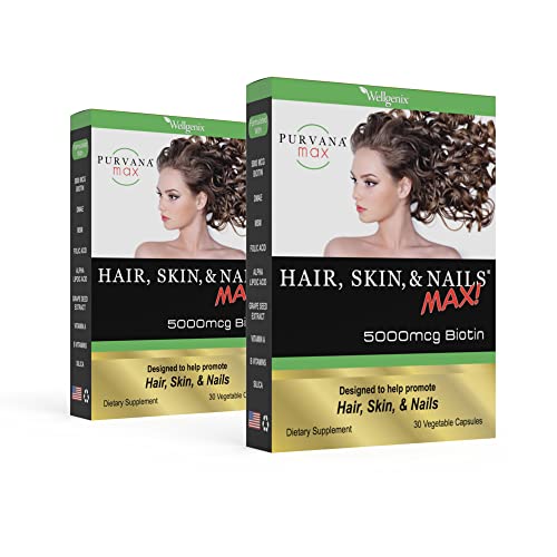 Purvana Max Hair, Skin, and Nails Vitamin - 5000mcg Biotin, Folic Acid, DMAE, Grape Seed Extract - One a Day Vegan Hair, Skin, Nails Support - Promotes Collagen Production - 30 Caps (Pack of 2)