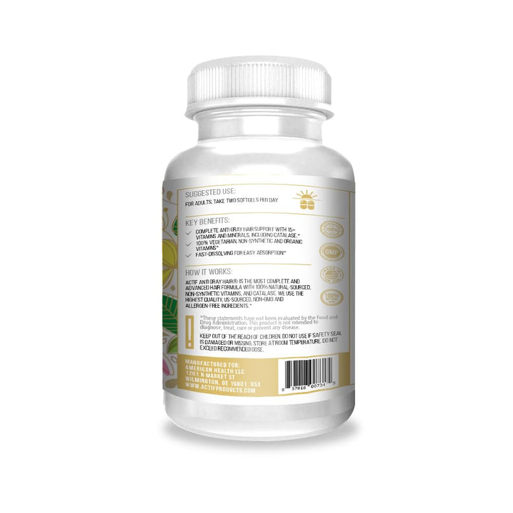 ACTIF Anti-Gray Hair Mega Support for Women with 15+ Advanced Hair Factors, Catalase, Biotin, PABA, Non-GMO, Made in USA, 90 Count