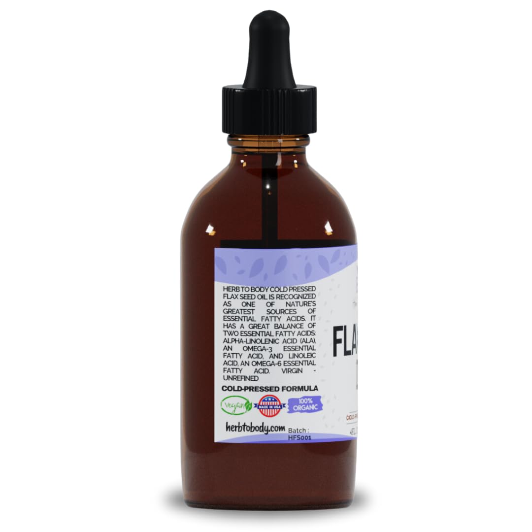 Herb To Body Organic FlaxSeed Oil 4oz - Cold Pressed Formula - Great to Promote Hair Growth - Rich in essential Fatty Acids - Skin Moisturizer