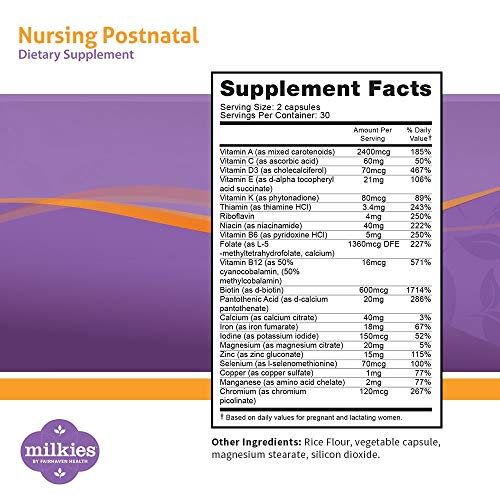 Milkies Fairhaven Health Nursing Postnatal Vegetarian Supplement for Breastfeeding Women with Vitamin D and B, Nutritious Breast Milk Multivitamin - Gluten and Dairy Free - 1 Month Supply