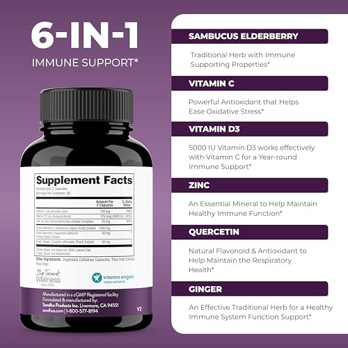 Elderberry Vitamin C and Zinc 120 Capsules | with Quercetin and Vitamin D3 | Immune Support for Adults | Herbal Supplement for Men and Women | 2 Months Supply | Natural Immunity Booster