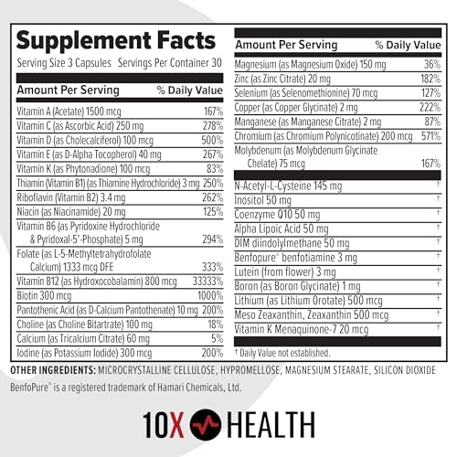 10X Health Optimize Methylated Multivitamin for Men & Women - 34 in 1 Formula with 800 mcg of Vitamin B12, Vitamin E, 5-MTHF, B Complex, NAC, Magnesium & Zinc Multivitamins - 90 Capsules