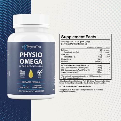 PhysioTru Physio Omega - Omega 3 Supplement - Sustainably Sourced - with DPA, EPA, and DHA - Burpless Fish Oil - 1 Pack