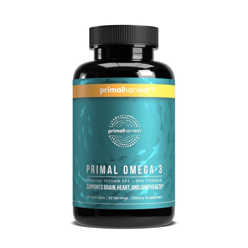 Primal Harvest Omega 3 Fish Oil Supplements, 30 Servings Soft Gels Capsules w/ 1000mg EPA + DHA Supplements, No Fishy Burps Non-GMO Omega 3 Fatty Acid