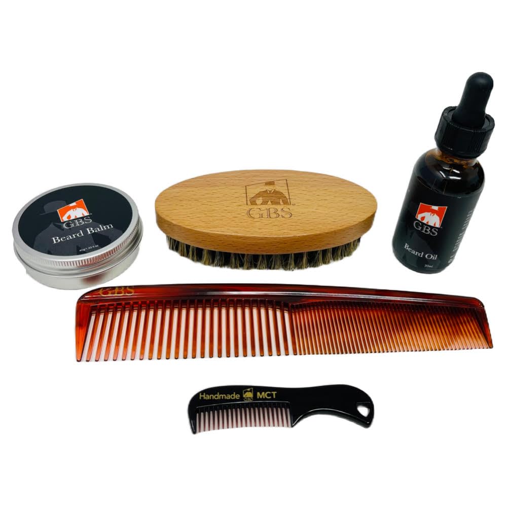 GBS Combo Set (3Pc Kit) Premium Compact Wood Beard Brush with Synthetic/Nylon Bristles & Travel Tin, Tortoise 5 Coarse/Fine Pocket Comb, Tortoise Beard and Moustache Comb