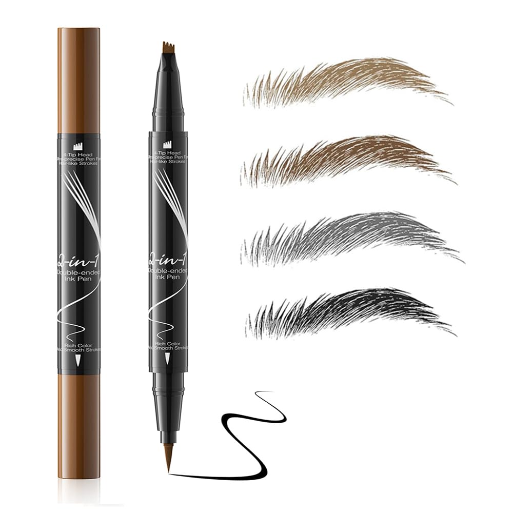 Easy Fill Hair-like Eyebrow Pen, Dual-ended Microfilling with Fork-Tips and Precise Tip, Liquid Brow Makeup by “Linble” (#3 Gray)