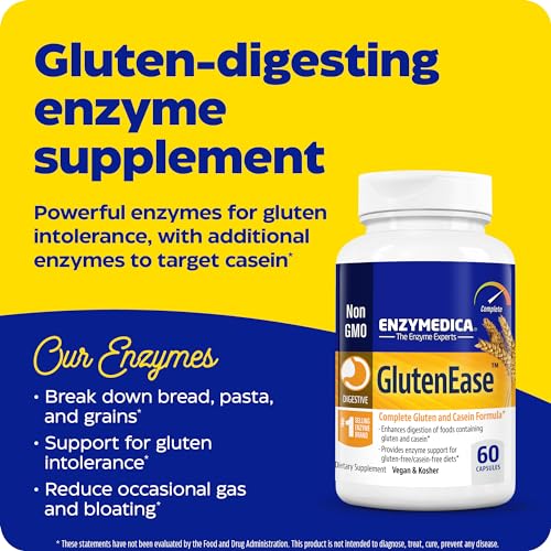 Enzymedica GlutenEase, Digestive Enzymes for Food Intolerance, Support for Hidden Gluten & Cross-Contamination, Offers Fast Acting Gas & Bloating Relief, 60 Count (FFP)