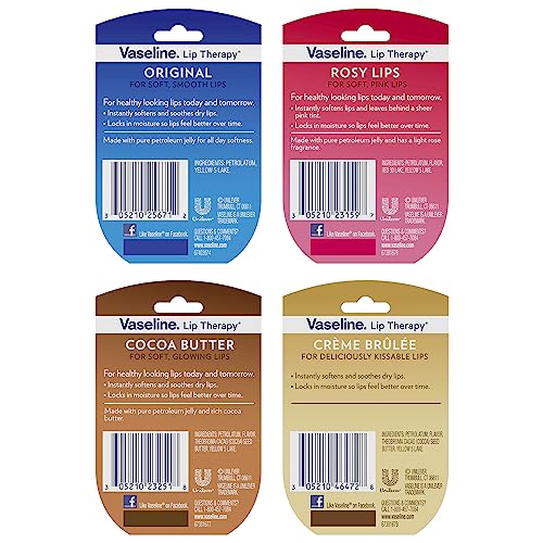 Vaseline Lip Therapy Variety 8-Pack – Original, Crème Brûlée, Rosy Lips, Cocoa Butter Mini Lip Balms for Soft, Glowing, and Deliciously Kissable Lips, 0.25 Oz Ea