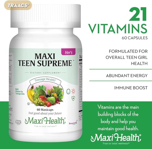 Maxi Health Teen Multivitamin for Girls 12-17 years, Natural Vitamins and Minerals Enhances Development and Immune Health, Best Kosher Supplement for Teenagers, 60 Count
