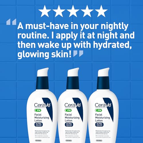 CeraVe PM Facial Moisturizing Lotion, Night Cream with Hyaluronic Acid and Niacinamide, Ultra-Lightweight, Oil-Free Moisturizer for Face, 3 Ounce