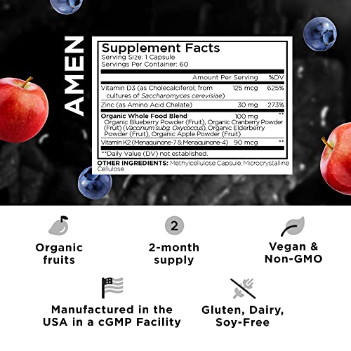 Amen Vitamin D, K2 & Zinc, Cholecalciferol D3 5000 IU, Organic Whole Food Blend with Apple, Blueberry, Cranberry, Elderberry Powder Fruits, Vegan Supplement, D3 K2 Vitamins, Non-GMO - 60 Capsules