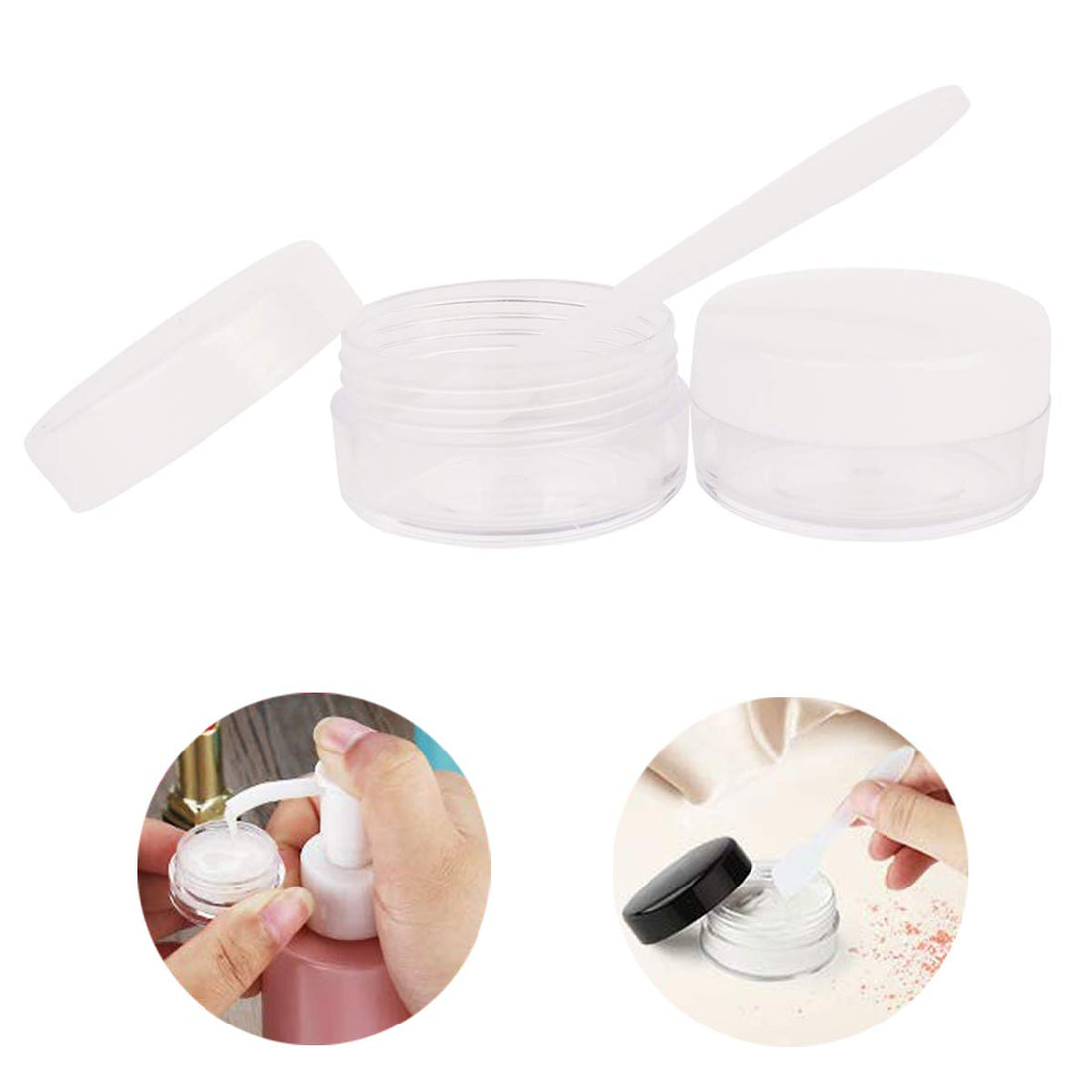 30pcs 10 Gram 10ml Small Jars, Empty Cosmetic Sample Container, Plastic Round Pot WHITE Screw Cap Lid, Tiny 10g Bottle for Makeup, Eye-shadow, Nails, Powder, Jewelry, Slime, Pills, 30 Spatulas +Labels