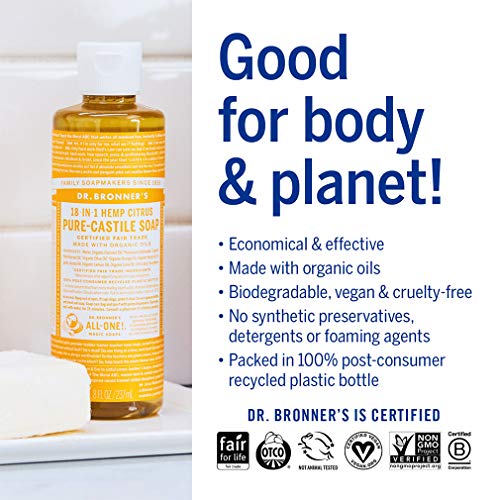 Dr. Bronner's - Pure-Castile Liquid Soap (Citrus, 8 ounce) - Made with Organic Oils, 18-in-1 Uses: Face, Body, Hair, Laundry, Pets and Dishes, Concentrated, Vegan, Non-GMO