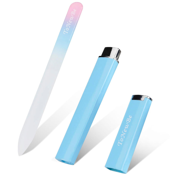 Glass Nail File in Case, Crystal Nail File, Glass Fingernail File, Czech Glass File, Double-Sided Etched Glass Nail File for Nail Art & Nail Care, Christmas Gifts Stocking Stuffers (Pink-Blue)