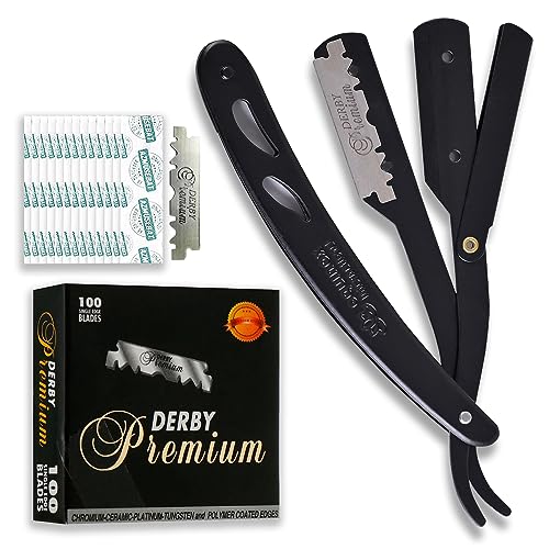Straight Edge Razor with 100 Single Derby Straight Razor Blades-Barber Straight Razor-Close Shaving Manual Shaver-Disposable Straight Razor Blades (Matte Black Razor w/Black 100 Derby Blades)