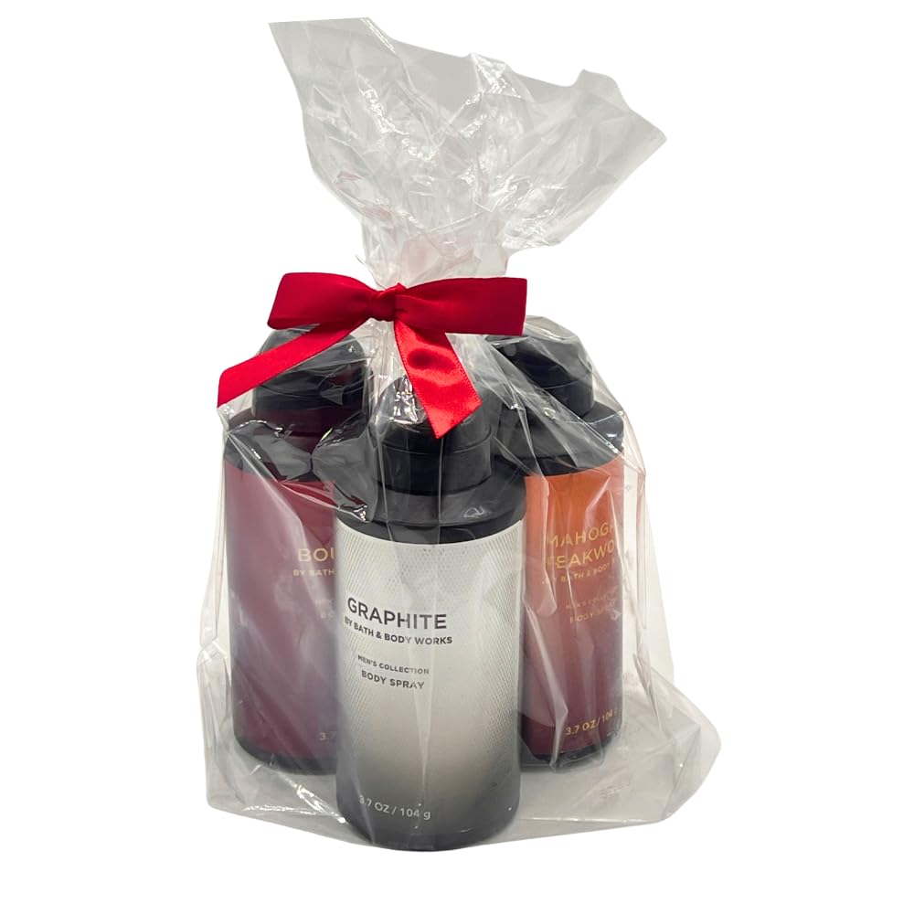 Bath and Body Works Men's Collection Deodorizing Body Spray - Mahogany Teakwood, Graphite, and Bourbon 3.7oz each 3-piece Gift Set with a Red Bow for Holidays