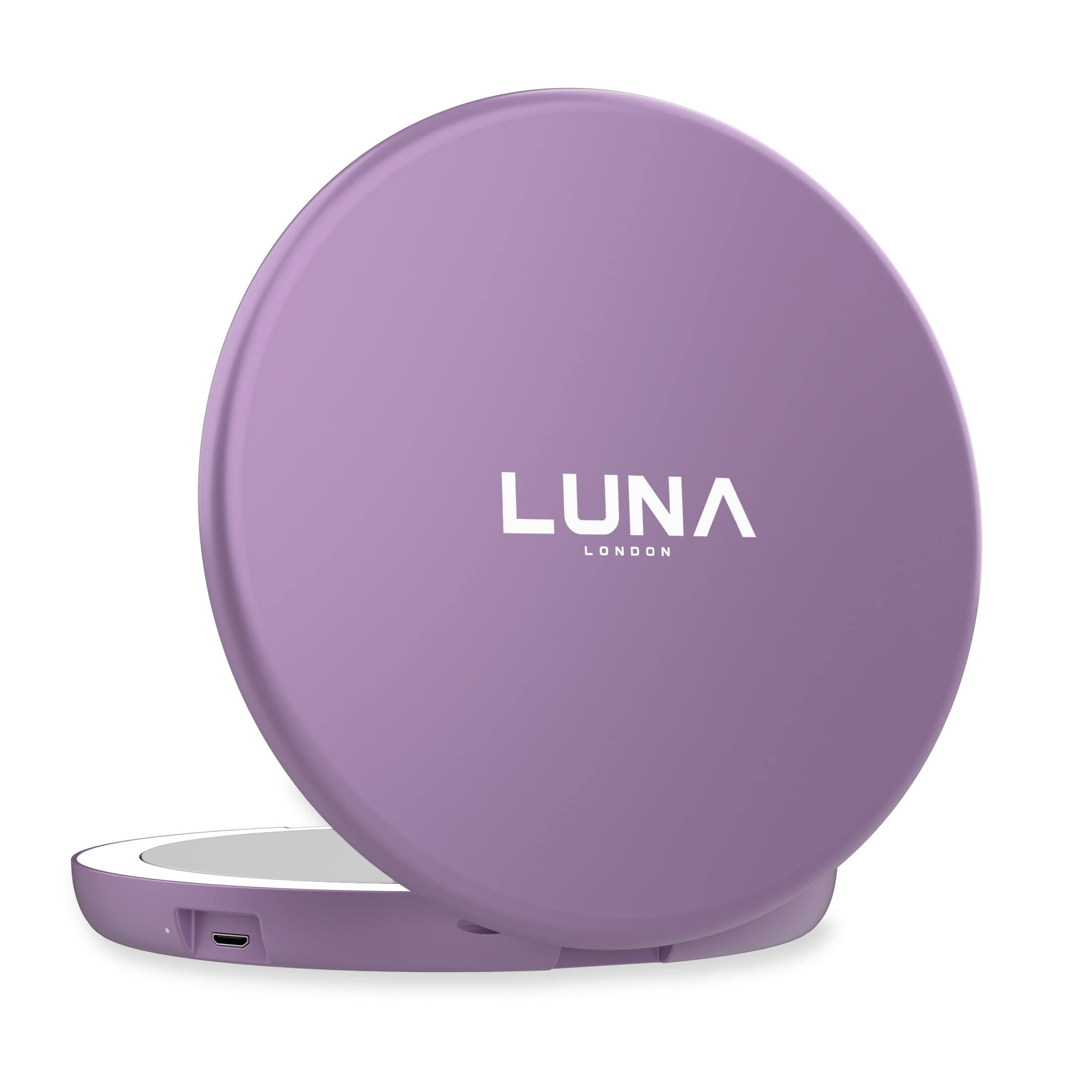 LUNA London Compact 2.0 Travel Mirror in Matte Black | Travel Makeup Mirror with Light | LED Lighted Vanity Mirror with 3 Light Modes | 7X Magnification Folding Portable & Rechargeable | Espejo