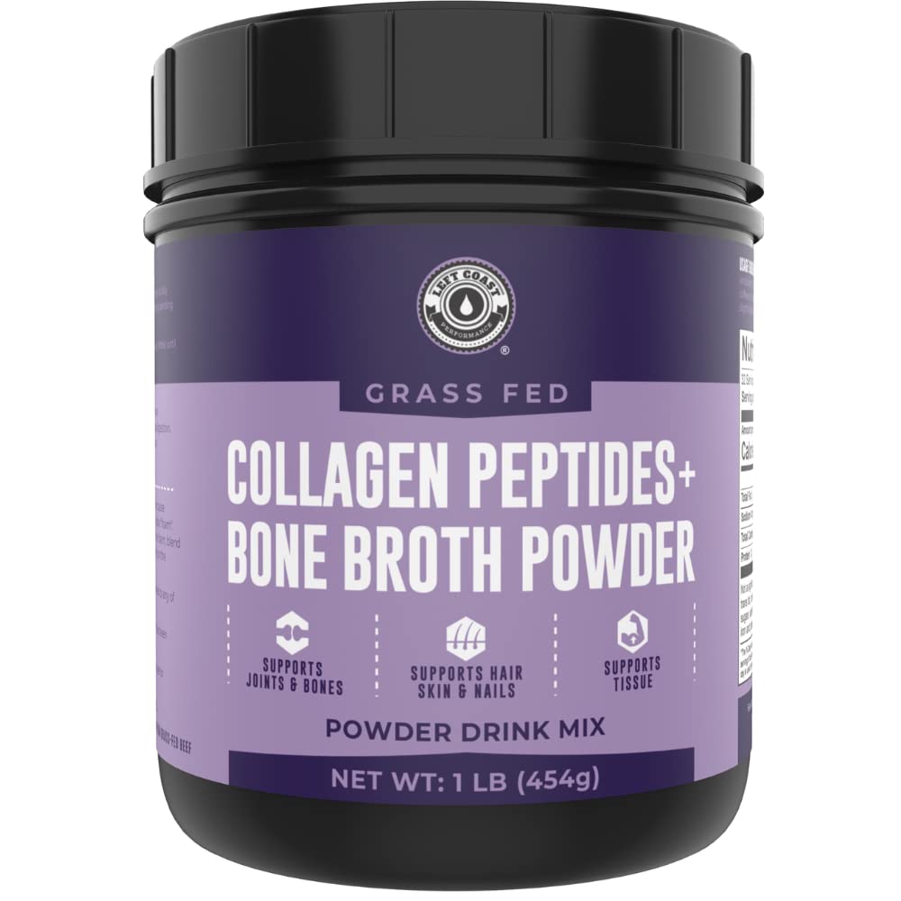 16oz Bone Broth Powder with Grass Fed Collagen Peptides - Unflavoured, Zero Carb, Dairy Free, No Additives, No Fillers - Natural Source Type I and III - Grass Fed Bone Broth Collagen Powder