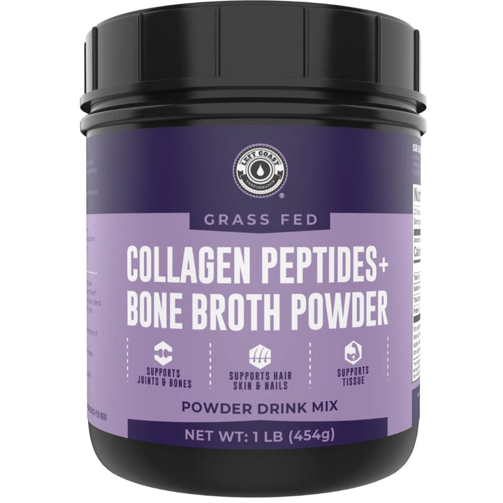 16oz Bone Broth Powder with Grass Fed Collagen Peptides - Unflavoured, Zero Carb, Dairy Free, No Additives, No Fillers - Natural Source Type I and III - Grass Fed Bone Broth Collagen Powder
