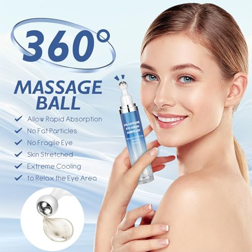 Eye Serum with 5% Caffeine & 5% Retinol – Under Eye Cream with Hyaluronic Acid, Niacinamide & Peptides for Dark Circles, Puffiness & Fine Lines – 360° Massage Roller Ball, 0.5 fl. oz