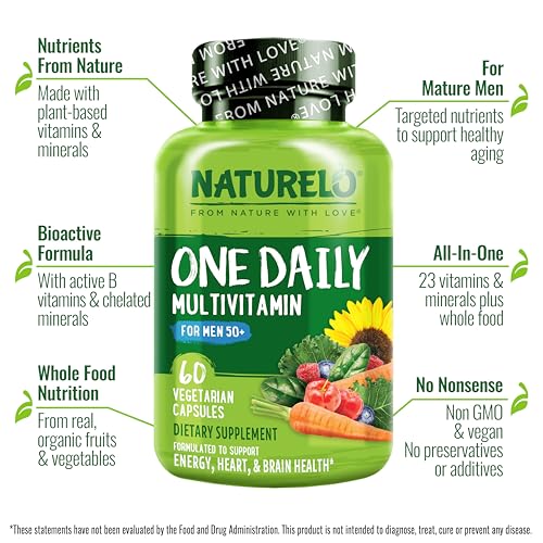 NATURELO Mens Multivitamins for Men 50+ - One Daily Multivitamin for Men with Vitamins, Minerals & Organic Whole Foods Non-GMO, 60 Vegetarian Capsules