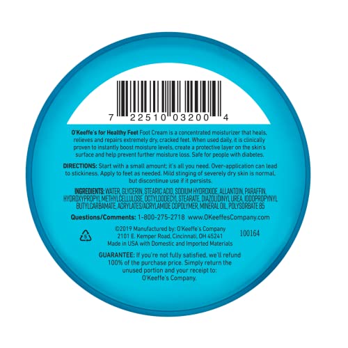O'Keeffe's for Healthy Feet Foot Cream, Guaranteed Relief for Extremely Dry, Cracked Feet, Instantly Boosts Moisture Levels, 3.2 Ounce Jar, (Pack of 3)