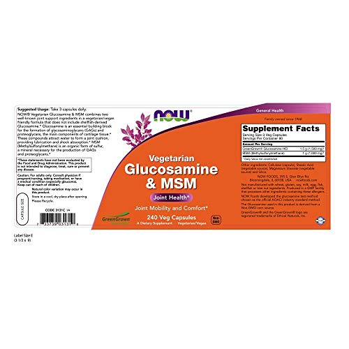NOW Foods Supplements, Glucosamine & MSM (GreenGrown® Glucosamine), Vegetarian, 240 Veg Capsules