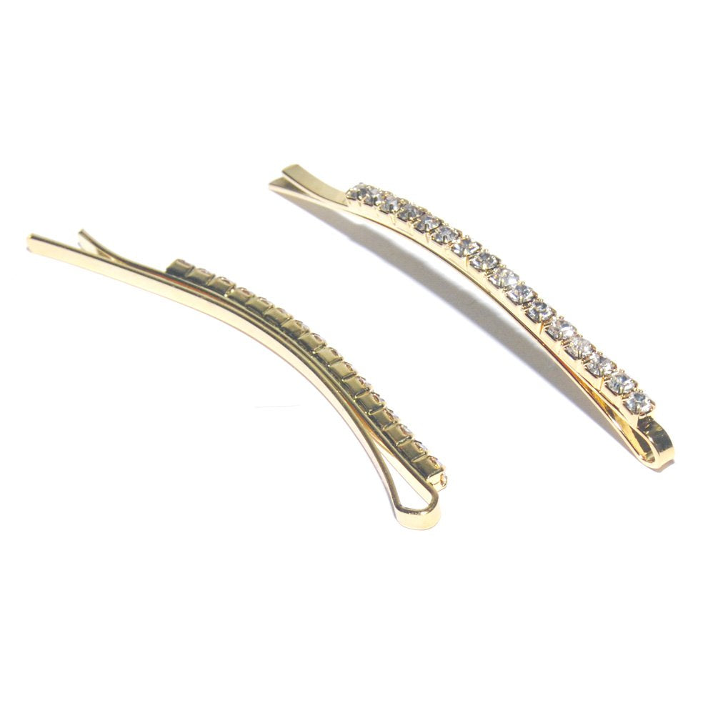 Gold Tone, 2 Count : Luxxii - 1 Row Clear Rhinestone Crystal Hair Barrette Clip Hair Pin (Pack 2) (Gold Tone, 2 Count)