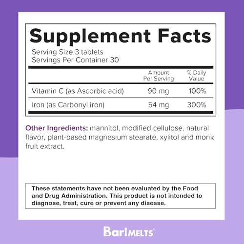 BariMelts Iron Supplement with Vitamin C - 1 Month Supply (90 Fast-Dissolving Tablets) - Post-Op Bariatric Vitamins