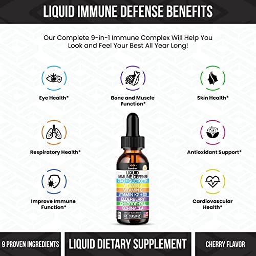 Zinc Quercetin Vitamin C D3 Liquid Immune Support with Vitamin A K2 Echinacea Chlorophyll and Elderberry - 9in1 Immune Defense Drops Complex for Immunity Health Respiratory Health - 60 Servings