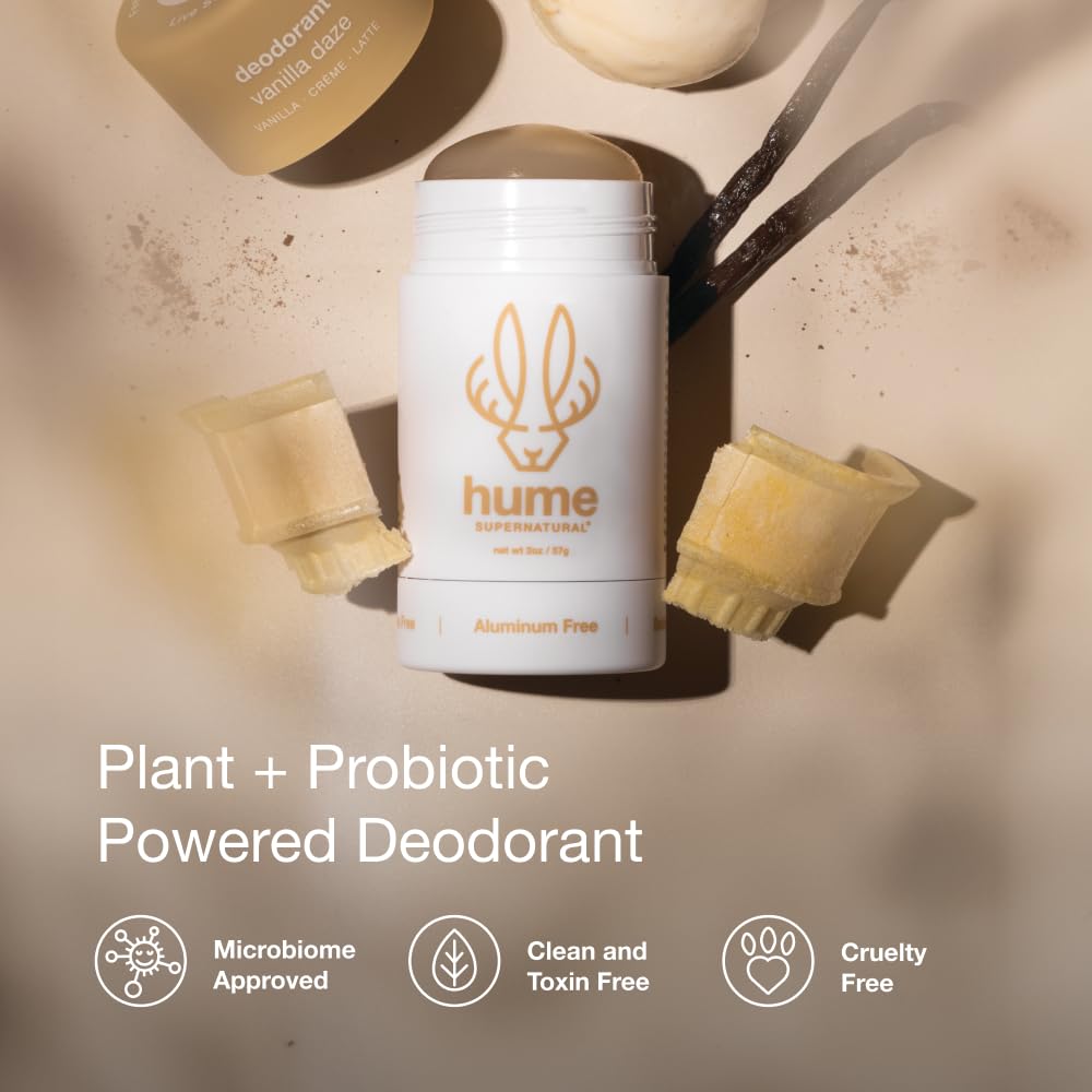 Hume Supernatural Aluminum Free Deodorant for Women & Men - Safe for Sensitive Skin - Probiotic, Plant-Based, Baking Soda Free, Aloe, & Cactus Flower, Anti Sweat, Stain & Odor - Vanilla Daze 2-Pack