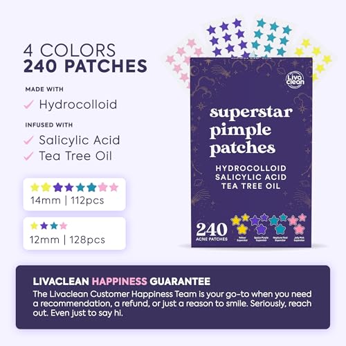 LivaClean Star Pimple Patches for Face w/Hydrocolloid, Salicylic Acid & Tea Tree, 240 Patches, Hydrocolloid Acne Patch, Cute Star Pimple Patch for Healing Stickers Zit Superstar