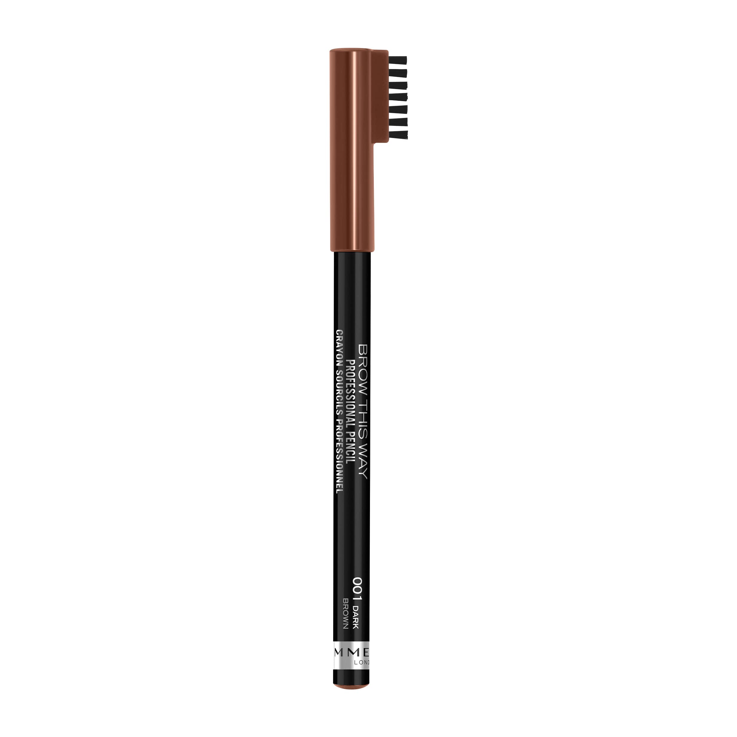 Rimmel London Brow This Way Professional Eyebrow Pencil, Long-Wearing, Highly-Pigmented, Built-In Brush, 001, Dark Brown, 0.05oz