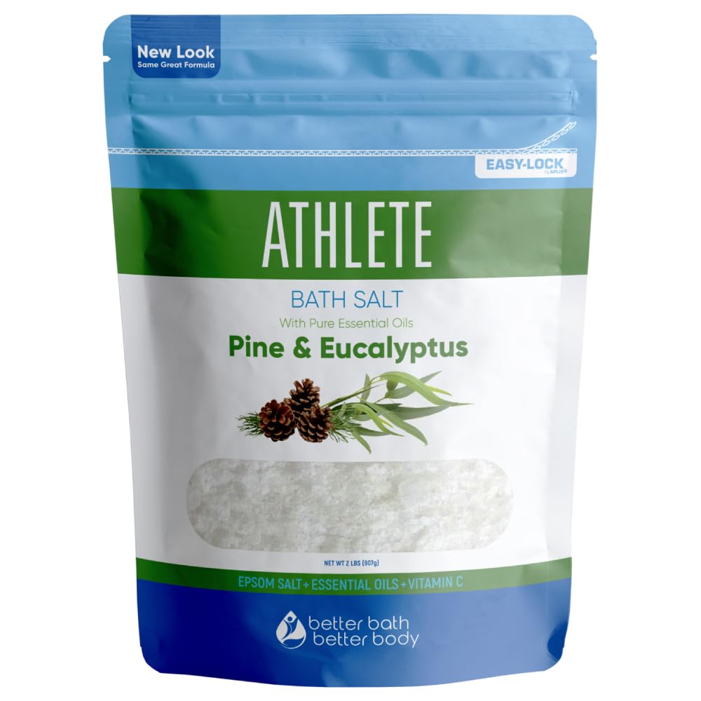 Athlete Bath Salt 2 Pounds (32 Ounces) - Epsom Salt Bath Soak With Pine & Eucalyptus Essential Oil Plus Vitamin C - All Natural No Perfumes No Dyes - Post Workout Soak For Tired Sore Muscles
