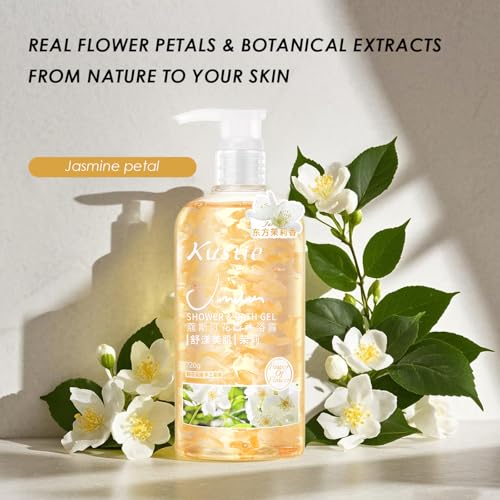 KUSTIE Jasmine Body Wash, Moisturizing Shower Gel with Real Jasmine Petals, Botanical Oils & Niacinamide, Rich Lather, Luxury Shower Gel for Women & Men, Long-Lasting Natural Fragrance, 24.3 oz