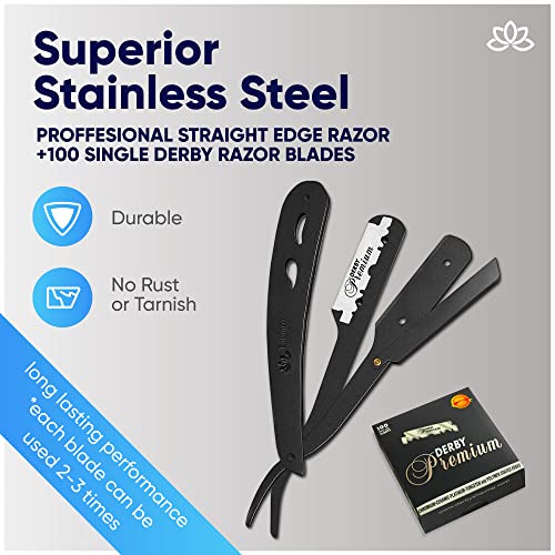 Straight Edge Razor with 100 Single Derby Straight Razor Blades-Barber Straight Razor-Close Shaving Manual Shaver-Disposable Straight Razor Blades (Matte Black Razor w/Black 100 Derby Blades)