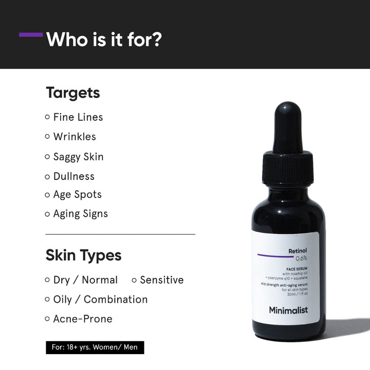 Minimalist 0.6% Retinol Serum For Anti Aging | Antioxidant Effects with Coenzyme Q10 | Reduces Fine Lines & Wrinkles | Mid Strength | 1 Fl Oz / 30 ml