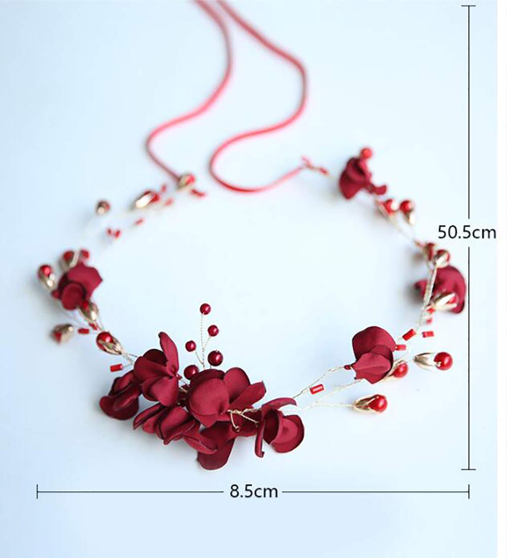 Chargances Wedding Bride Floral Red Headband Crystal Gold Hair Vine with Pearl Rhinestone Hair Accessory Boho Delicate Hair Piece Jewelry for Women and Girls