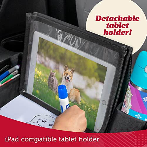 Lusso Gear Kids Travel Tray for Car - Road Trip Essentials for Kids - Car Seat Tray for Kids Travel - Toddler Travel Lap Desk and Organizer - Holds Snacks, Water Bottle, Toys (Black)