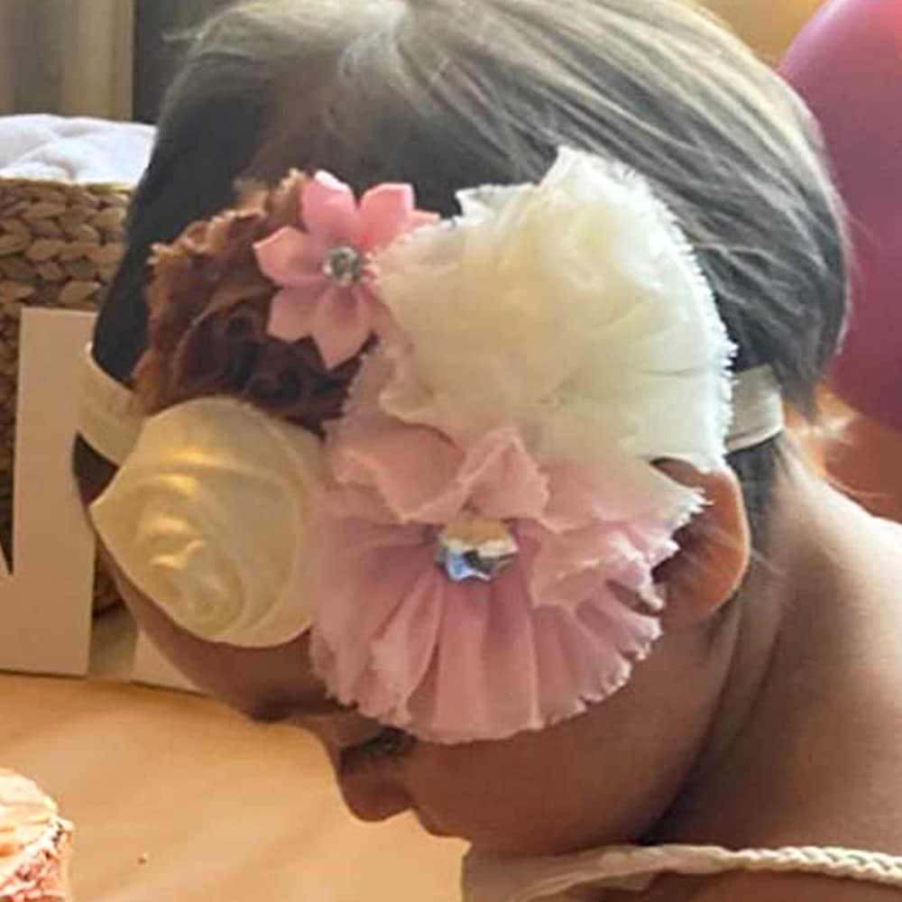 Kercisbeauty Baby Girls Lace Shabby Headband for Babies Toddler Pink Flower Head wear with Rhinestones for Toddler Photography Holiday Sunday Headband