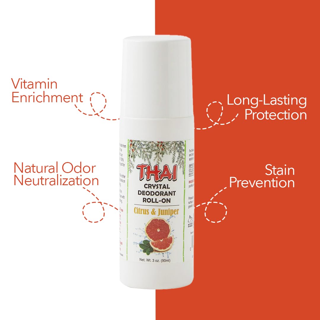 Thai 100% Natural Crystal Scented Deodorant Liquid Roll-on, No Aluminum Metals, Parabens, Propyls, or Sulfates, Cruelty Free and Environmentally Safe, Citrus & Juniper, 3 Fl Ounce