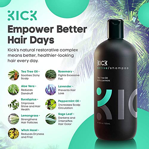 Kick Mens Shampoo - Sulfate-Free, Peppermint and Tea Tree Shampoo - Natural Botanicals for Anti Dandruff Control - Refreshes Scalp - Cruelty-Free 17oz