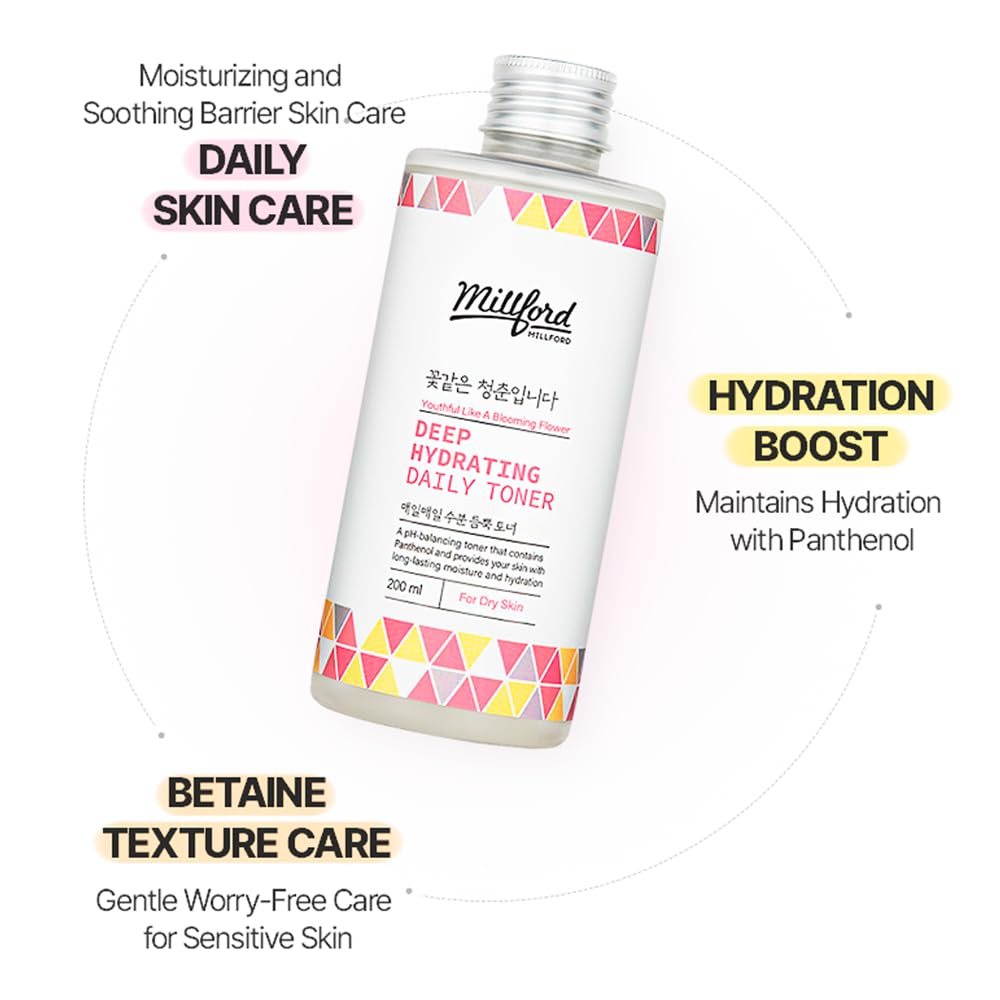 Millford Deep Hydrating Daily Toner 6.76 Oz, 200ml, Moisturizing Toner, Alcohol Free, Fragrance Free, pH Balance, Panthenol, Betaine, Vitamin B5, Korean Skincare