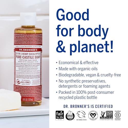 Dr. Bronner's - Pure-Castile Liquid Soap (Eucalyptus, 8 ounce) - Made with Organic Oils, 18-in-1 Uses: Face, Body, Hair, Laundry, Pets and Dishes, Concentrated, Vegan, Non-GMO