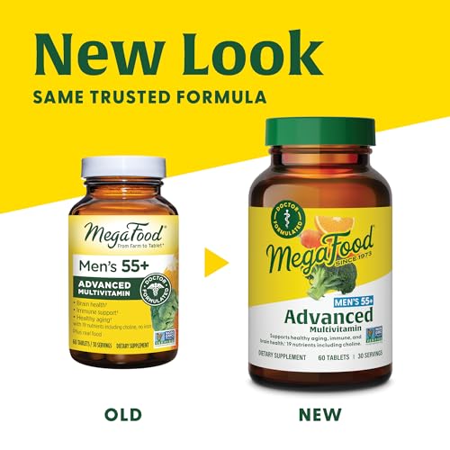 MegaFood Men's 55+ Advanced Multivitamin for Men - Doctor-Formulated -Choline, Vitamin D, Vitamin B12 – Plus Real Food – Brain Health Supplement for Adults & Immune Support - 120 Tabs (60 Servings)