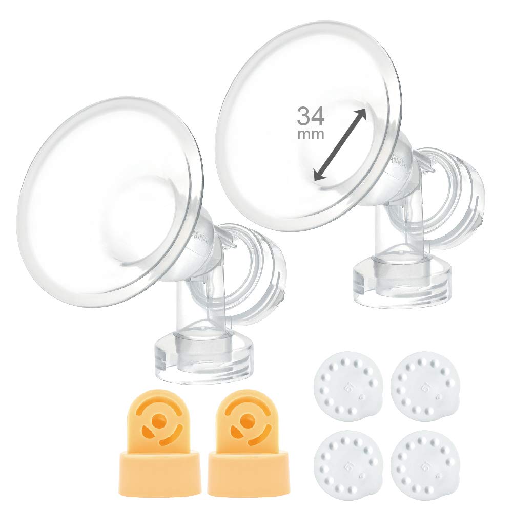 34 mm 2xOne-Piece Extra Large Breastshields w/Valves and Membranes Compatible wtih Medela Breast Pumps; Smaller Than Medela PersonalFit 36 Breastshield; Made by Maymom