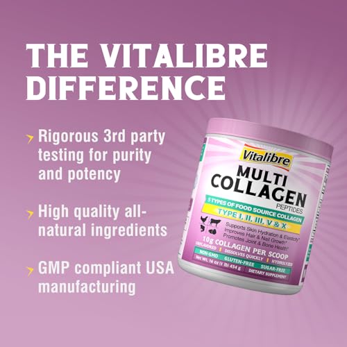 Vitalibre Multi Collagen Peptides Powder Type I II III V X, Hydrolyzed Collagen Protein for Women and Men, Skin, Hair, Nails and Joints, Unflavored, Non-GMO, Keto & GF, Zero Sugar, 45 Servings, 16oz