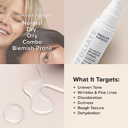 Paula's Choice SKIN PERFECTING 8% AHA Exfoliant, Gel Exfoliant with Glycolic Acid Chamomile & Green Tea, Leave On Gentle Face Exfoliator for All Skin Types, Fragrance- Free, 3.3oz