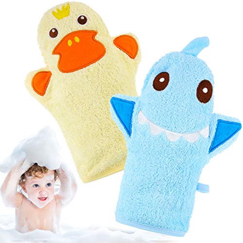 2 Pieces Baby Bath Mitt Washcloths with Cute Animal Designs Yellow Duck Shark Towel Gentle Soft Scrub for Toddler Bath and Shower